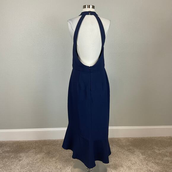 XSCAPE Backless Ruffled Halter Sheath Cocktail Dress Blue Size 14 High Low Midi - Picture 2 of 13